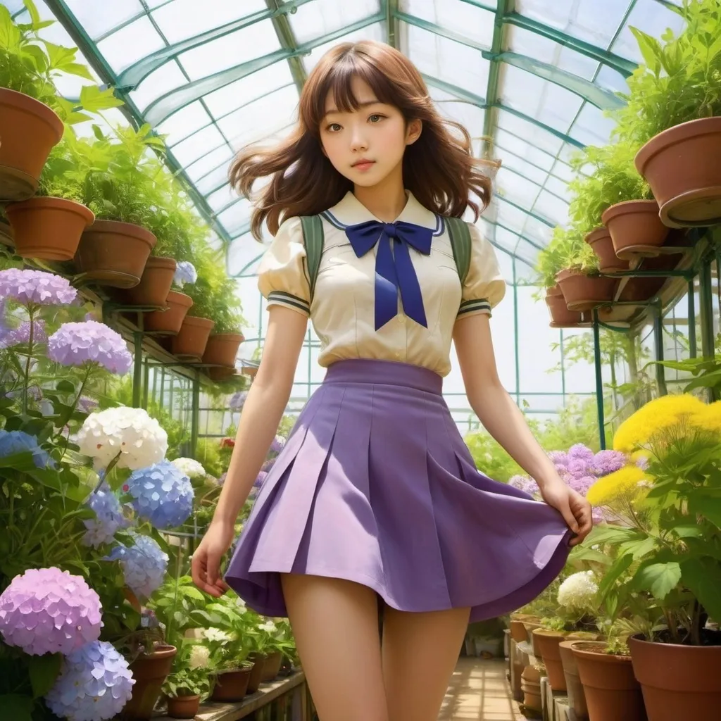 Prompt: Hiroshi Masumura, Henry Maynell Rheam, Uberto Bonetti, Keiko Takemiya, Florence Harrison, Surrealism Mysterious Weird Fantastic Fantasy Sci-fi, Japanese Anime, Laurel, Cosmos, Hydrangea, Haze, Violet, Wisteria, Daisy, Olive A beautiful high school girl in a miniskirt who manages a miniature garden greenhouse, perfect voluminous body, detailed masterpiece natural history drawings 