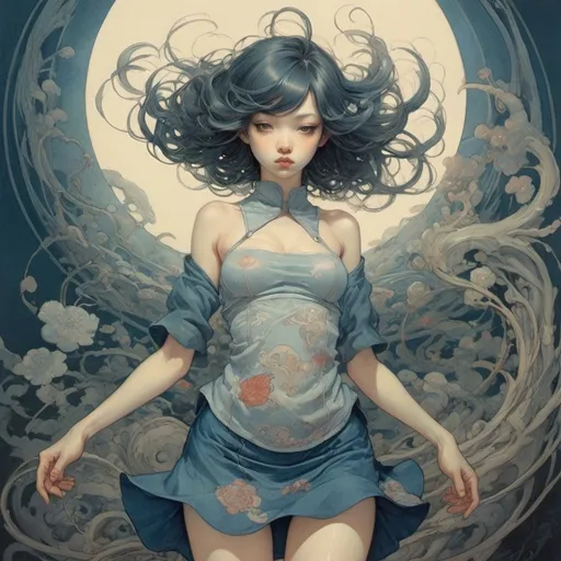 Prompt: James Jean, Warwick Goble, Surreal, mysterious, strange, fantastical, fantasy, sci-fi, Japanese anime You close your eyes like the wind and it's dusk I wonder what you're thinking Your eyelids are open Your eyes are dark I can smell it clearing just a little Beautiful miniskirt girl, perfect voluminous body, detailed masterpiece 