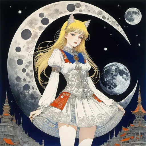 Prompt: Harry Clarke, A E Marty, Harry Beckhoff, Aurélie Neyret, Ichigo Takano, Surrealism, Mysterious, Strange, Outlandish, Fantasy, Sci-Fi, Japanese Anime, a beautiful blonde miniskirt girl Alice who has an audience with the Emperor on the moon, perfect voluminous body, the Lunar Cat Guard, detailed masterpiece 