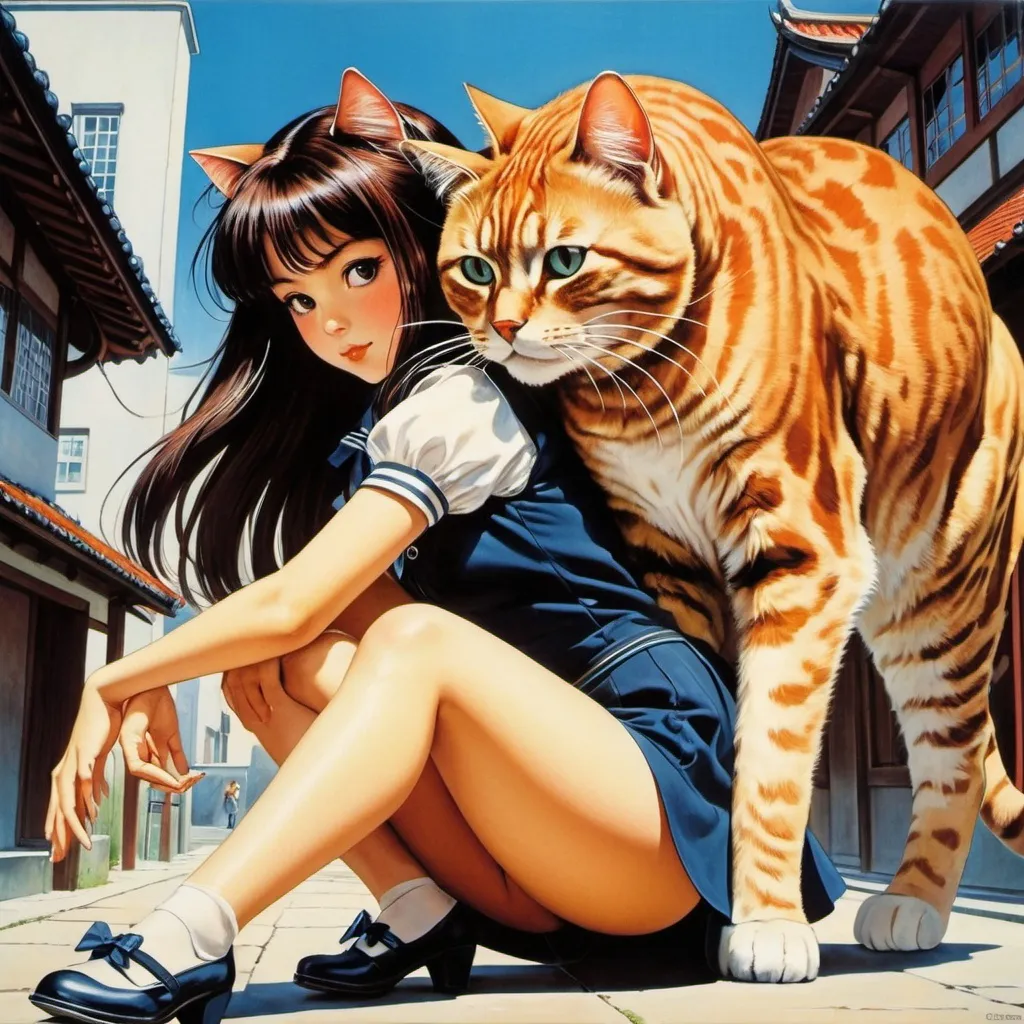 Prompt: Kazuo Iwamura, Gyo Fujikawa, Robert Ingpen, Louis Moe, Louis Wain, August Natterer, Surrealism, Mystery, Weird, Outlandish, Fantasy, Sci-fi, Japanese Anime, Beautiful high school girl in a miniskirt stroking the head of a giant 8m long cat, perfect voluminous body,  the mistress and her cute pet, detailed masterpiece 