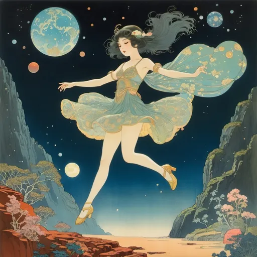 Prompt: Yōsuke Inoue, Gyo Fujikawa, Edmund Dulac, George Barbier, Paul Lehr, Surrealism, wonder, strange, bizarre, fantasy, Sci-fi, Japanese anime, long-distance bus on Mars, underwater botanical garden, miniskirt beautiful girl dancing with stardust, perfect voluminous body, detailed masterpiece 