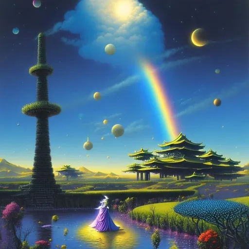 Prompt: Tim White, Surreal Mysterious Weird Fantastic Fantasy Sci-fi, Japanese Anime, Rainbow Fragment, Dream Thief, Canvas, Beautiful Girl, La Serinette, detailed masterpiece 