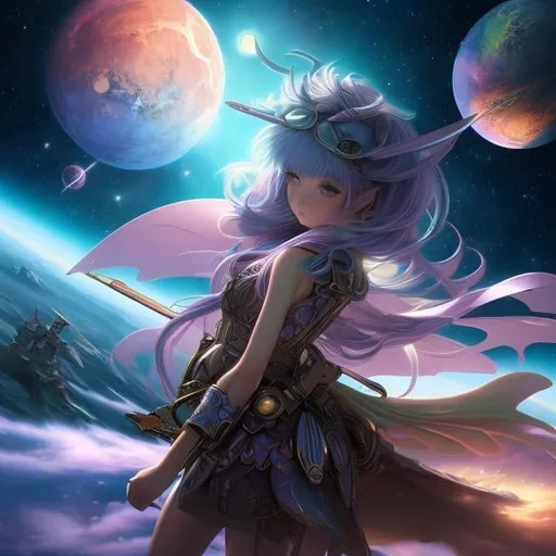 Prompt: Keith Parkinson, Surreal, mysterious, strange, fantastical, fantasy, Sci-fi, Japanese anime, fairy contract, beautiful girl, space suit, horn, detailed masterpiece 
