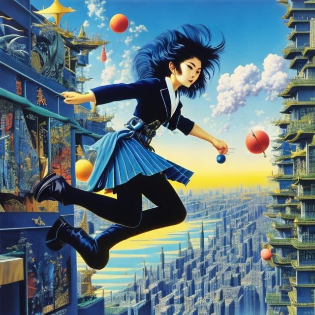 Prompt: Max Ernst, Masamune Shirow, Surreal, mysterious, strange, fantastical, fantasy, Sci-fi, Japanese anime, playful surrealism, mini-skirt beautiful high school girl jumps through the times, group games, objects, collages, photographs, human bodies, landscapes, wonders, collections, dynamism, hyper detailed masterpiece 