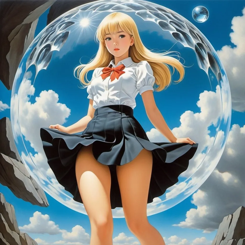 Prompt: Mihona Fujii, René Magritte, Surreal, mysterious, strange, fantastical, fantasy, Sci-fi, Japanese anime, scientific antique hobby and learning from the past, illusion problem, dream judgment, triclinic crystal, blonde miniskirt beautiful girl Alice, perfect voluminous body, detailed masterpiece 