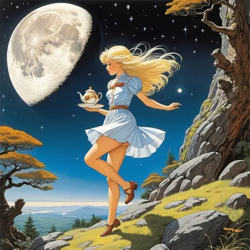 Prompt: Larry Elmore, Fanny Cory, Chris Mould full colours, Elsa Beskow, Surrealism Mysterious Weird Fantastic Fantasy Sci-fi, Japanese Anime, beautiful blonde miniskirt girl Alice who fell from the moon, perfect voluminous body, dynamic poses, Time of free fall, Looking for a tea party, detailed masterpiece 
