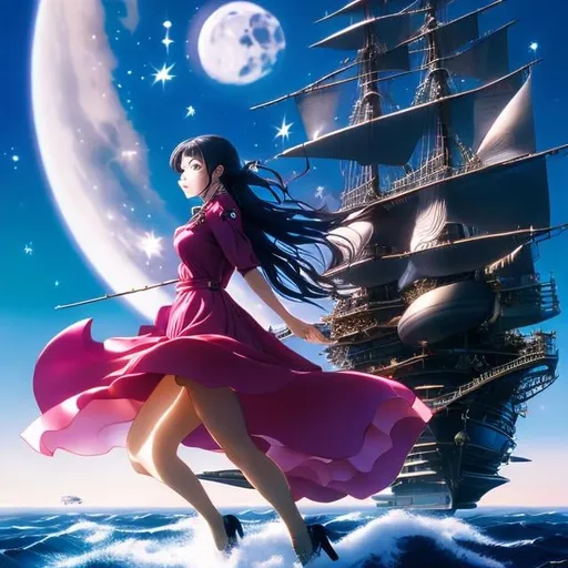 Prompt: Satomi Ichikawa, Grzegorz Rosiński, Surreal, mysterious, strange, fantastical, fantasy, Sci-fi, Japanese anime, sailing ship towing the full moon, sea of ​​stars in space, beautiful girl captain, perfect voluminous body, clock tower, detailed masterpiece high angles 