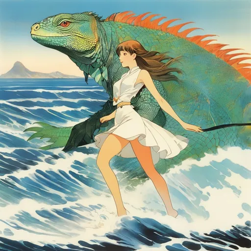 Prompt: Claude Ponti, Richard Doyle, Surreal, mysterious, strange, fantastical, fantasy, Sci-fi, Japanese anime, end-of-the-century panorama, Iguana in the Galapagos, beautiful girl in a miniskirt on the waves, perfect voluminous body, detailed masterpiece 