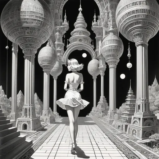 Prompt: Herbert Andrew Paus, Virgil Finlay, Heath Robinson, Surreal, mysterious, strange, fantastical, fantasy, Sci-fi, Japanese anime Visualization of corridors of sight and architecture, guided by beautiful blonde miniskirt girl Alice, perfect voluminous body, A world on paper, maps and blueprints, A contradictory affirmation of dreams and reality, detailed masterpiece low high angles perspectives 