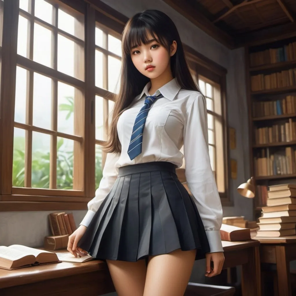 Prompt: Nguyen Ba Kien, Stefany G, Anne Anderson, Surrealism, mysterious, strange, bizarre, fantasy, Sci-fi fantasy, anime, collecting other people's dreams, beautiful miniskirt high school girl and dream bible, perfect voluminous body, all people who are not in this world, detailed masterpiece 