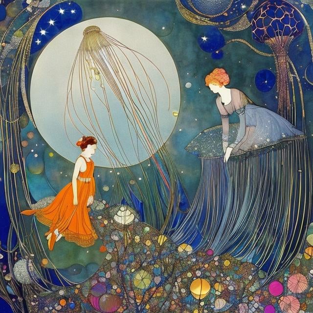 Prompt: Margaret Tarrant, Harry Clarke, Albert Robida　animesque　a girl Keeping comets　jellyfish　Moon and Sun Model　Outer Space Tank