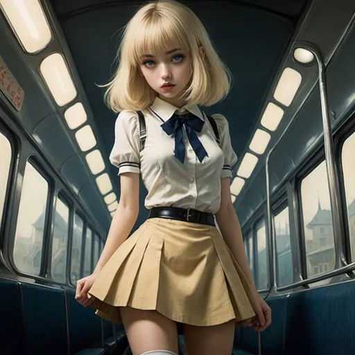 Prompt: Sacha Zaliouk, Alfred Kubin full colours, Surreal, mysterious, strange, fantastical, fantasy, sci-fi, Japanese anime, night train from another world to Tokyo, blonde miniskirt beautiful girl Alice, perfect voluminous body, detailed masterpiece wide angles zoom in 