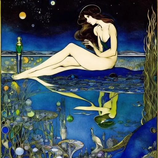 Prompt: Harry Clarke, Giorgio de Chirico, Surreal, mysterious, strange, fantastical, fantasy, Sci-fi, Japanese anime, the sea and beautiful girl in a glass bottle on the moon, perfect body, detailed masterpiece 