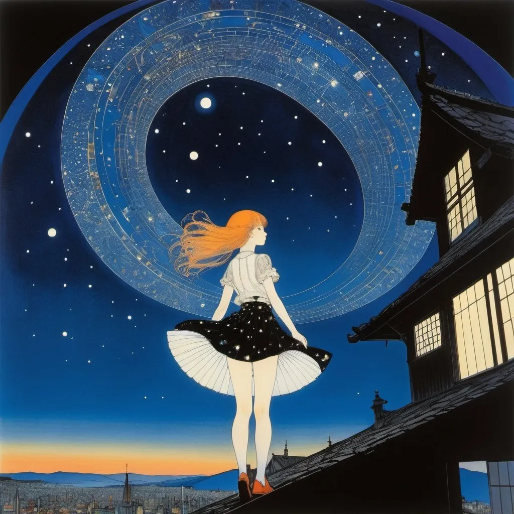 Prompt: Harry Clarke, William Blake, Suzanne Duchamp, Katsuhiro Otomo, Mabel Attwell, Surrealism, wonder, strange, bizarre, fantasy, Sci-fi, Japanese anime, optical planetarium in the attic, beautiful girl in a miniskirt creating the night sky, perfect voluminous body, detailed masterpiece coquettish perspectives low high angles 