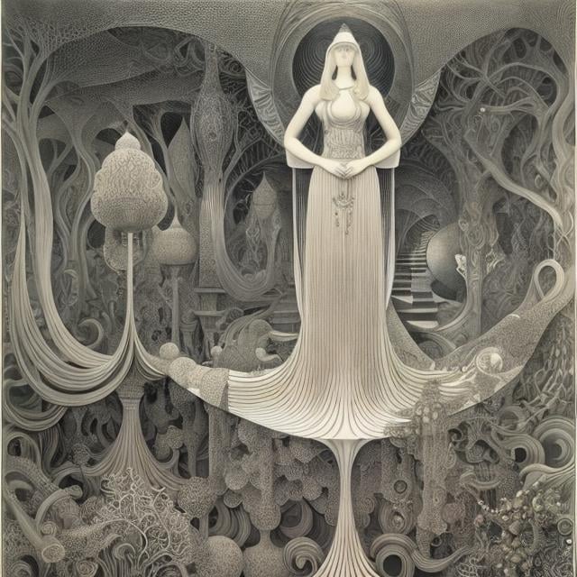 Prompt: Kay Nielsen, M C Escher, Surreal, mysterious, strange, fantastical, fantasy, Sci-fi, Japanese anime, invention of perspective, vanishing point and perspective drawing, blueprint of the goddess, detailed masterpiece 
