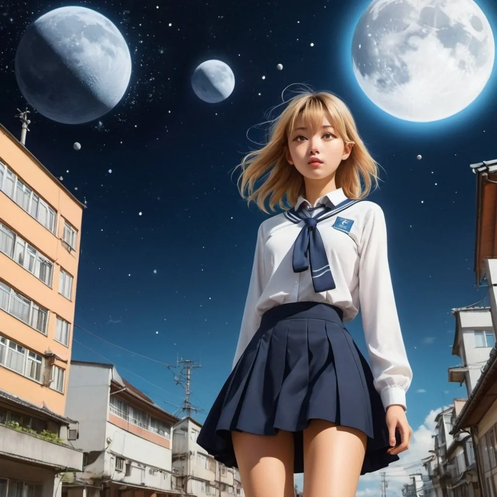 Prompt: František Skála, Emilia Dziubak, Thé Tjong-Khing, Harmen van Straaten, Jan Kruis, Surrealism, wonder, strange, bizarre, fantasy, Sci-fi, Japanese anime, midnight equation, orbit of the moon and stars, miniskirt beautiful high school girl in the sky city satellite, perfect voluminous body, detailed masterpiece 