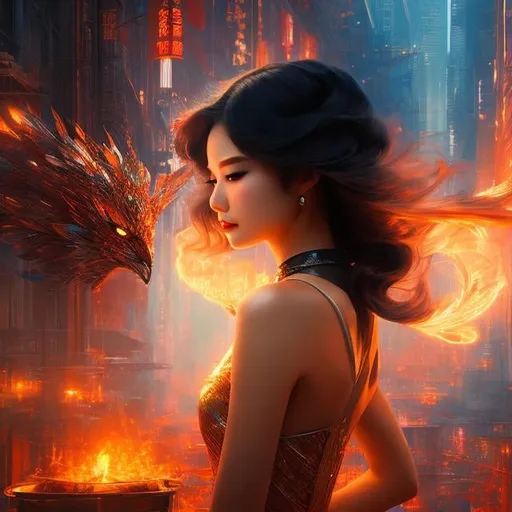 Prompt: Kiichi Okamoto, James Jean, Craig Mullins, Japanese Anime, Surreal Mysterious Bizarre Sci-fi Fantasy The City Where the Firebird Lives, Girl who is a friend of Firebird, hyperdetailed high resolution high definition high quality masterpiece, detailed face