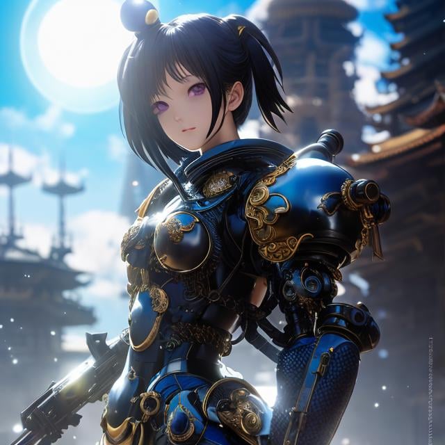 Prompt: Masamune Shirow, Margaret Tarrant, Surreal, mysterious, strange, fantastical, fantasy, Sci-fi, Japanese anime, beautiful girl in an armored swimsuit, short black hair, boyish, looking at viewer perfect voluminous body, ruins, mechanical battlefield, smile, detailed masterpiece 