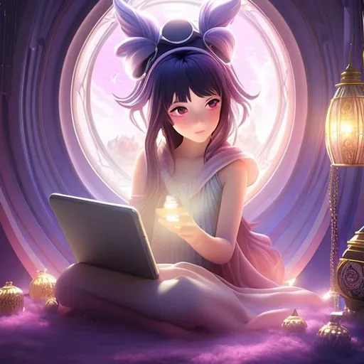 Prompt: animesque　wondrous　strange　Whimsical　surreal　fanciful　Sci-Fi Fantasy　beauty girl　Study room at home　a girl looking at her smartphone floating in the air about 50 cm above the floor