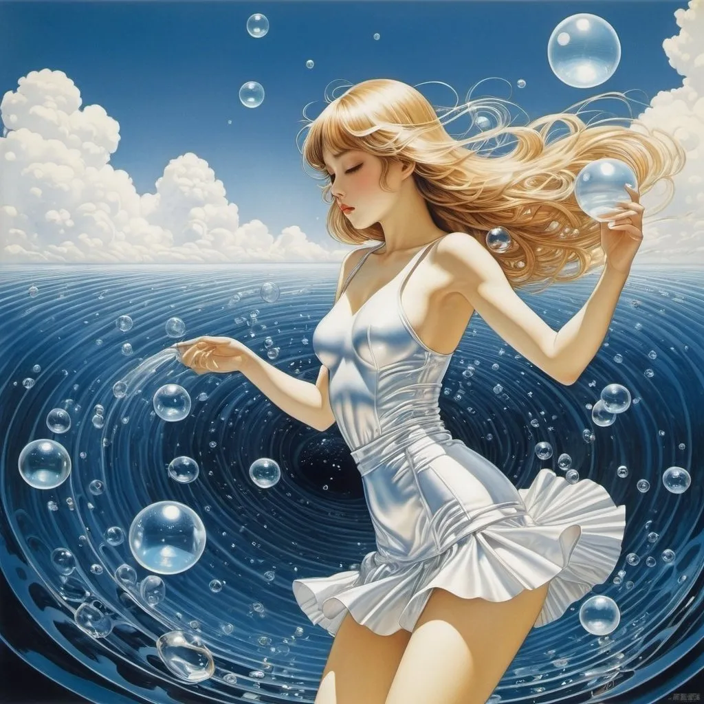 Prompt: Walter Crane, Hasui Kawase, Piotr Socha, Marta Ignerska, Hajime Sorayama, Surrealism Mysterious Bizarre Fantastic Fantasy Sci-fi, Japanese Anime, Water Printing, Miniskirt Beautiful Girl Artist, Air Bubbles, detailed masterpiece 