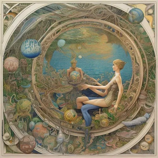 Prompt: Walter Crane, Hannes Bok, m c Escher Colored pencil drawing　surreal　wondrous　strange　Whimsical　fanciful　Sci-Fi Fantasy　Girl and Sphere　Dream of Three-Dimensional Development Diagram　leaves falling　Perspective view　The three-point method of distance and proximity　architectural Solo girl, hyperdetailed high resolution high quality high definition masterpiece 