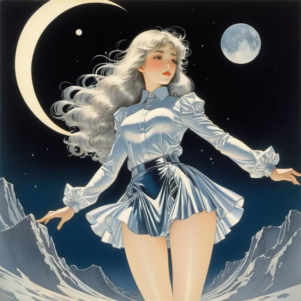 Prompt: Hajime Sorayama, Sidney Sime, Henry Matthew Brock, Elenore Abbott, Adrienne Adams , Surrealism, wonder, strange, bizarre, fantasy, Sci-fi, Japanese anime, the moon as soft and cold as mercury, flowing light, reflection, diffusion, like a mirror, the night life of a beautiful high school girl in a miniskirt, perfect voluminous body, detailed masterpiece 