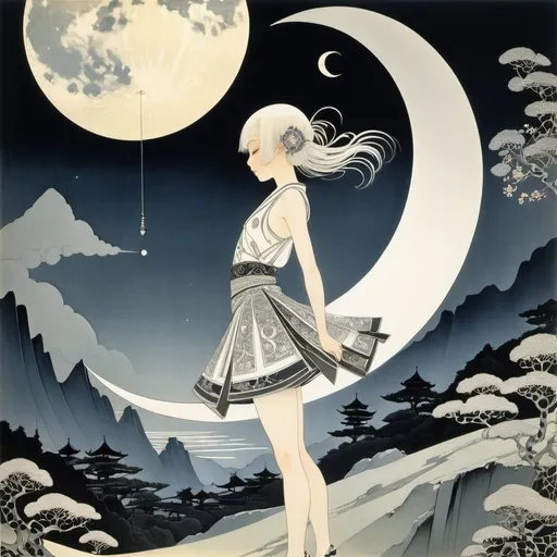 Prompt: Kay Nielsen, Artuš Scheiner, Surreal, mysterious, bizarre, fantastical, fantasy, Sci-fi, Japanese anime, crescent moon in the afternoon, origami utopia, miniskirt girl, perfect voluminous body, detailed masterpiece 