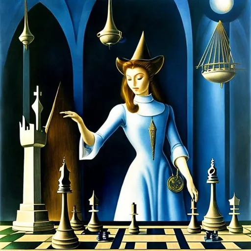 Prompt:  Remedios Varo, Charles Robinson, Surreal, mysterious, strange, fantastical, fantasy, Sci-fi, Japanese anime, symbolic blueprint, miniskirt beautiful girl returning to the future, perfect voluminous body, inverted chess, pulley device, detailed masterpiece 