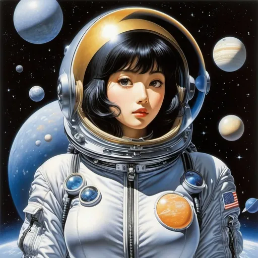 Prompt: Tadanori Yokoo, Hajime Sorayama, Naoyuki Kato, Moto Hagio, Cocoa Fujiwara, Surrealism, wonder, strange, bizarre, fantasy, Sci-fi, Japanese anime, a trip into the celestial sphere with the solar system packed in a bag, a beautiful girl in a space suit, perfect voluminous body, detailed masterpiece low high angles perspectives 