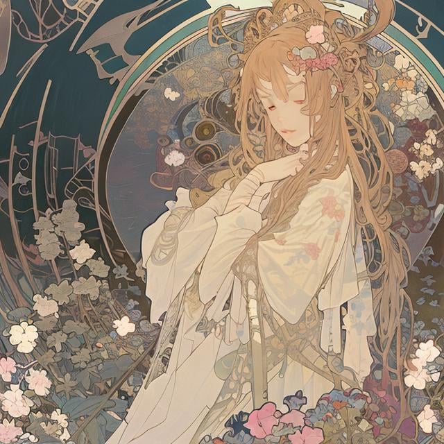 Prompt: Anne Anderson, Adrienne Segur, Alphonse Mucha　Japanese anime Sci-Fi Fantasy　Floating bed　teens girl　european castles　spring season hyperdetailed high resolution high definition high quality masterpiece