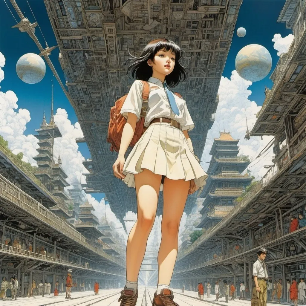 Prompt: Lebbeus Woods, Franklin Booth, Jessie Gillespie, Katsuhiro Otomo, George E Hughes, Surrealism Mysterious Weird Fantastic Fantasy Sci-fi, Japanese Anime Parallel perspective foot line method Angle perspective point method Oblique perspective Interline perspective Bird's-eye perspective Nature's geometry Creating a three-dimensional space on a plane Beautiful girl in a miniskirt high school girl, perfect voluminous body, detailed masterpiece fine line hand colour drawings