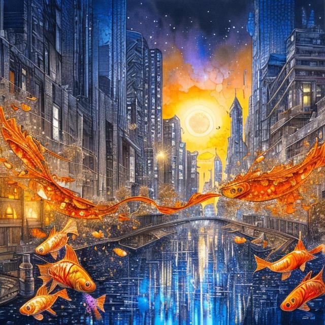 Prompt: John Stephens style, city scape, night, goldfish swimming in the air, water colour and sketch, 