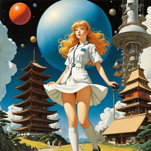 Prompt: McClelland Barclay, Heath Robinson, Albrecht Altdorfer,  Chiho Saito, Piero di Cosimo, Surrealism Mysterious Weird Fantastic Fantasy Sci-Fi, Japanese Anime, Teichmuller Phase of Space Modeling, the Large-Scale Structure of the Universe, Miniskirt Beautiful Girl Doctor, perfect voluminous body, detailed masterpiece 