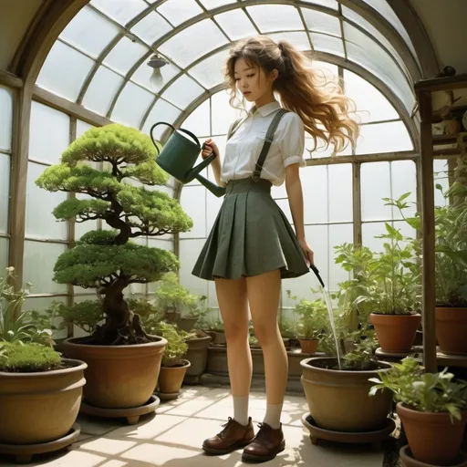 Prompt: Hiroshi Masumura, Katsuya Terada, Amelia Bauerle, Henri Bellery-Desfontaines, Arthur Rackham, Surrealism, wonder, strange, bizarre, fantasy, Sci-fi, Japanese anime, globe bonsai, ecological system, miniskirt beautiful high school girl watering with watering can, perfect voluminous body, cylindrical glass greenhouse, detailed masterpiece 