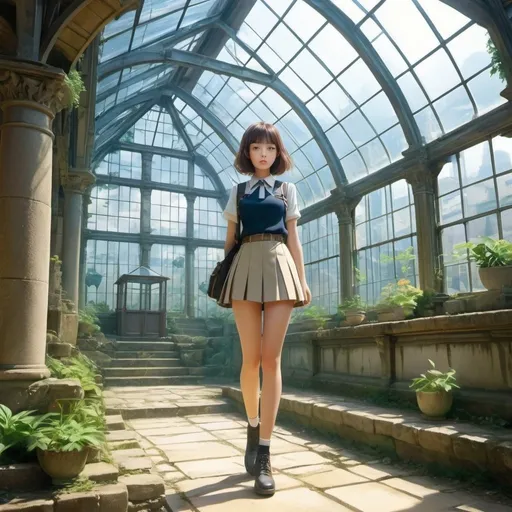 Prompt: Edith Rimmington, Anne Anderson, Surrealism Mysterious Weird Fantastic Fantasy Sci-Fi, Japanese Anime, Old-fashioned buildings reminiscent of stone and steel structures, modern glass greenhouse-like structures, architecture standing alone in an unknown place, ancient ruins, unfinished buildings. A miniskirt beautiful high school girl, picturesque, perfect voluminous body, detailed masterpiece 