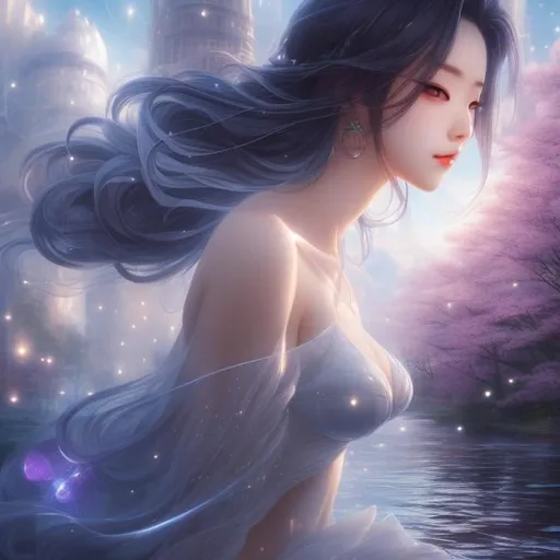 Prompt: Tsubaki Nekoi, René Vincent, Surreal, mysterious, strange, fantastic, fantasy, Sci-fi, Japanese anime, moving city map, world of water drops, collecting crystals on the street, beautiful girl on a journey, perfect voluminous body, detailed masterpiece 