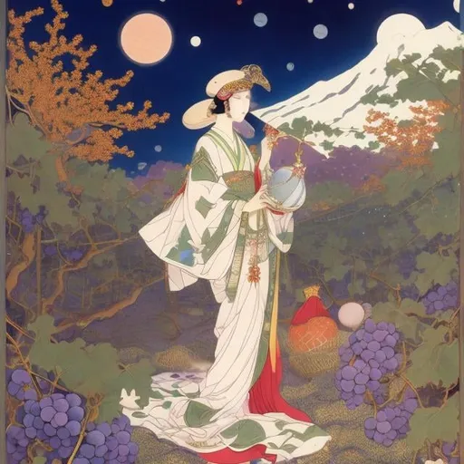 Prompt: George Barbier, Japanese Anime, Surreal Mysterious Bizarre Fantastic Sci-Fi Fantasy, Star Lore, Grape Harvest, Acturus, Sea Bream, Uoshima Star, Moon Sun Milky Way, detailed, high resolution high definition high quality masterpiece 