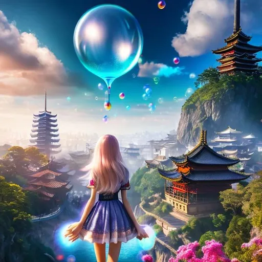 Prompt: daisukerichard, Bolesław Biegas, Surreal, mysterious, bizarre, fantastical, fantasy, Sci-fi, Japanese anime, Sanjusangendo, the bell of time, twisted pipes, soap bubbles, peeking tricks, beautiful blonde miniskirt girl Alice enjoying sightseeing in Edo, perfect voluminous body, detailed masterpiece 