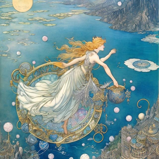 Prompt: Walter Crane, Arthur Rackham, James Jean, Surreal, mysterious, strange, fantastical, fantasy, Sci-fi, Japanese anime, snowflake parachute, beautiful blonde miniskirt girl Alice, perfect body, gently descending from space, detailed masterpiece bird’s eye view 