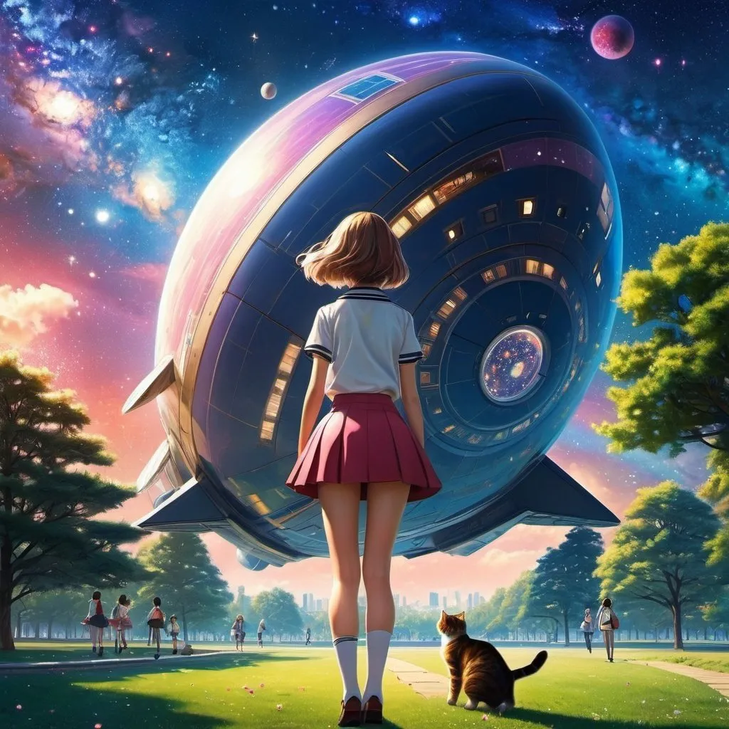 Prompt: Johann Baptist Zwecker, Vladimir Lebedev, Eugene Lanceray, Surrealism, wonder, strange, bizarre, fantasy, Sci-fi, Japanese anime, spaceship in the park, beautiful high school girl in a miniskirt found while walking with cat, perfect voluminous body, galaxy in the evening sky, detailed masterpiece 