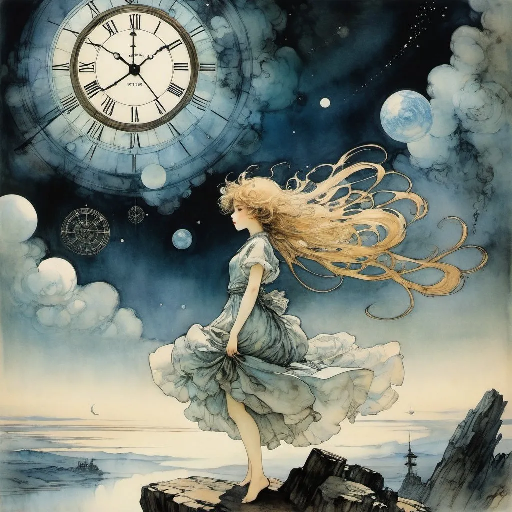 Prompt: Arthur Rackham, Yuu Watase, Surreal, mysterious, strange, fantastical, fantasy, sci-fi, Japanese anime, the clock slows down in the distance, a beautiful airplane girl, perfect voluminous body, the margins of existential philosophy, the crab nebula's radio broadcast, detailed masterpiece 