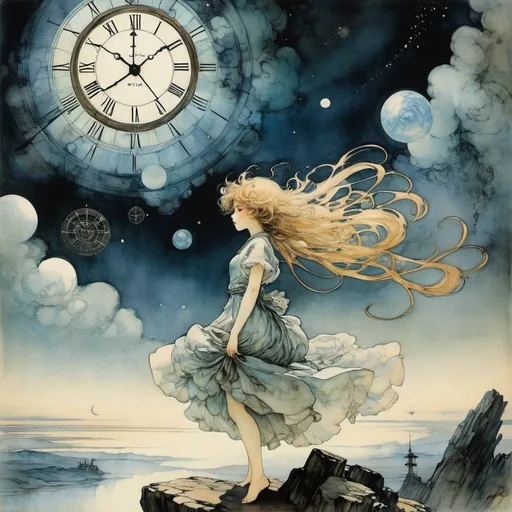 Prompt: Arthur Rackham, Yuu Watase, Surreal, mysterious, strange, fantastical, fantasy, sci-fi, Japanese anime, the clock slows down in the distance, a beautiful airplane girl, perfect voluminous body, the margins of existential philosophy, the crab nebula's radio broadcast, detailed masterpiece 