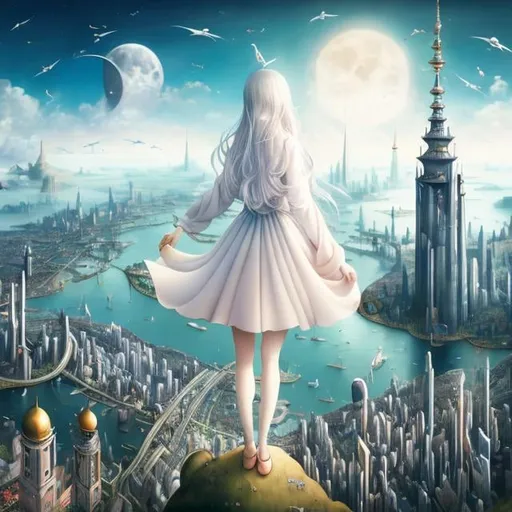 Prompt: Hieronymus Bosch, Margaret Anne Suggs, Surreal, mysterious, strange, fantastical, fantasy, Sci-fi, Japanese anime, giant glass moon, praying blonde miniskirt beautiful girl Alice, perfect voluminous body, floating city, detailed masterpiece bird’s eye view wide angles