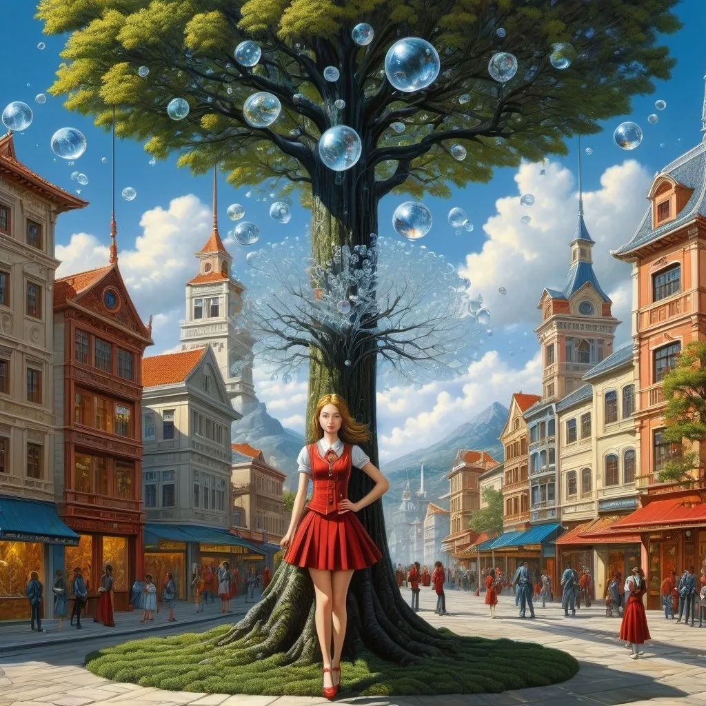 Prompt: Thomas Crane, Michael Cheval, Surreal, mysterious, strange, fantastical, fantasy, Sci-fi, Japanese anime, tree that grows crystals, symbiosis between machines and humans, miniskirt beautiful high school girl, town square, detailed masterpiece 