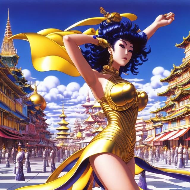 Prompt: Masamune Shirow, Jean Giraud, Surreal, mysterious, strange, fantastical, fantasy, Sci-fi, Japanese anime, polyhedral cosmology, beautiful circus girl, perfect voluminous body, town square, detailed MAs 