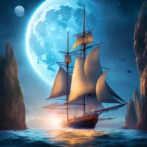 Prompt: Barbara Cooney, Basia Tran, surreal, mysterious, strange, bizarre, fantasy, sci-fi, beautiful girl Alice, beautiful perfect voluminous body, classroom flood, escaping sailing ship, full moon, galaxy, trapeze, detailed high resolution definition quality masterpiece