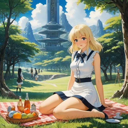 Prompt: Else Wenz-Vietor, George Worsley Adamson, Surreal, mysterious, bizarre, fantastical, fantasy, Sci-fi, Japanese anime, from the city to the frontier, associations and fantasies from the words, miniskirt beautiful girl's class picnic, perfect voluminous body, detailed masterpiece 