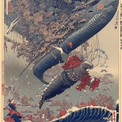 Prompt: Jean Giraud, Katsushika Hokusai　Eugène Grasset animates　wondrous　strange　Whimsical　surreal　fanciful　sci-fi fantasy circus trapeze flying whale cicada　Alice at the Tea Party Hyperdetailed high definition high resolution high quality masterpiece