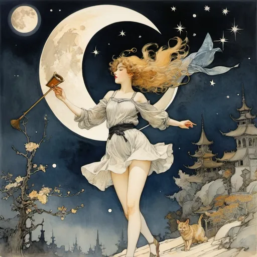 Prompt: Arthur Rackham, Aristarkh Lentulov, Charles Robinson, Hannah Höch, yuu Watase, Surrealism, strange, bizarre, fantastical, fantasy, Sci-fi, Japanese anime, drinking beer with the moon, attending a meeting of stars, having her harmonica stolen by the star again, running race with the broom star, beautiful high school girl in a miniskirt, perfect voluminous body, detailed masterpiece 