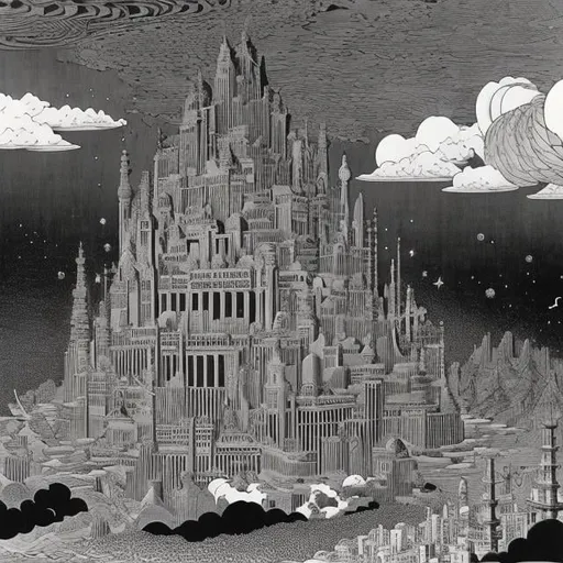 Prompt:  Winsor McCay, AcE Marty, Japanese anime, Surreal Mysterious Bizarre Fantastic Fantasy Sci-Fi Fantasy Black and White Luo Twenty-two Bridges Sixty-six Crown Bands Footprints, Distant Thunder, Pinnacles, Kaiji, Nightfall, Sea of ​​Clouds, Blue Formation fills the sky with a thick circle, Tenchu ​​Kuara